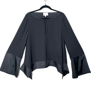 Cinq a Sept Maia Witchy Black Chiffon Satiny Bell Sleeve Keyhole Flowy Blouse